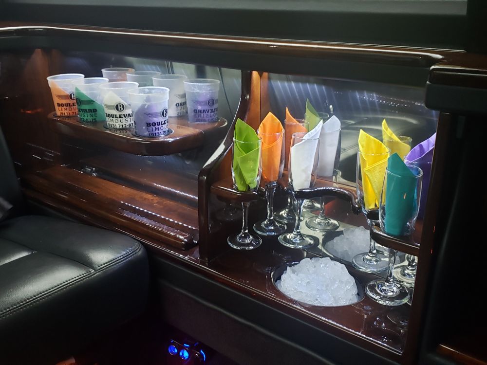 Bar area and champagne well inside Lincoln MKT Limousine